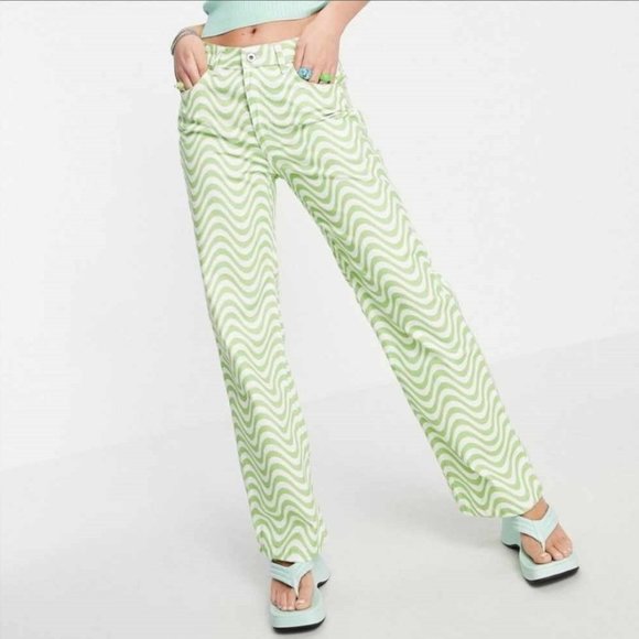 Ragged Jeans Brand Pants Lime Green & White Wavy Pattern Size 26 - Picture 5 of 12